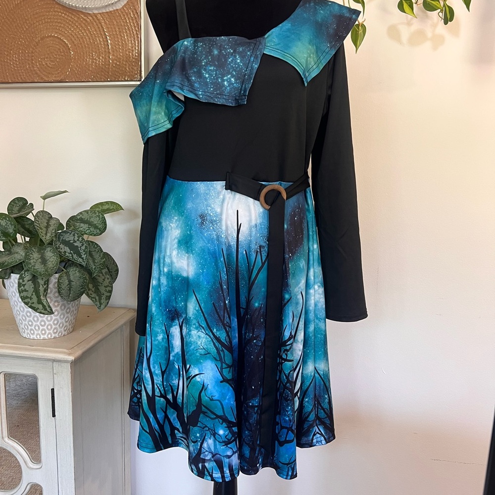 Starry Sky Skew Neck O Ring Asymmetrical Knee Length Dress
